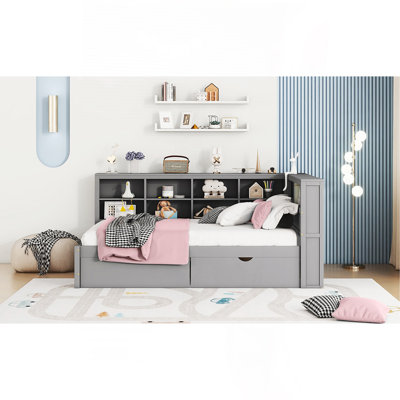 Lit de jour en bois avec 2 tiroirs, lit de jour avec tablette de rangement et ports de chargement USB, gris
