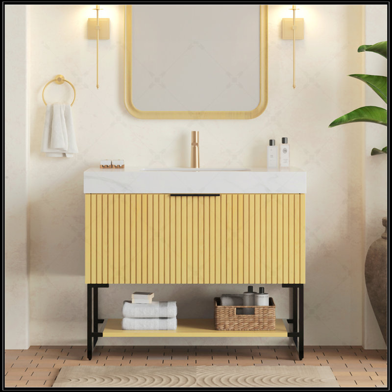 Meuble-lavabo autoportant avec comptoir en pierre frittée blanc de Carrare, cuve en céramique encastrée et armoire en contreplaqué de chêne Corolla