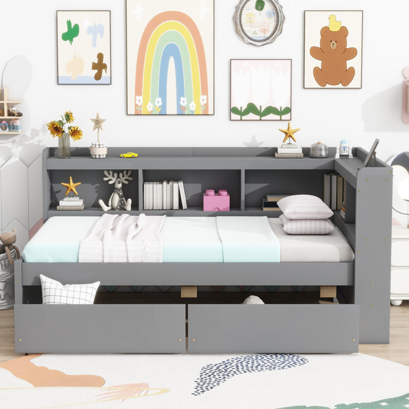 Lit simple en forme de L avec bibliothèques avec prises de courant et ports de charge USB, Gris
