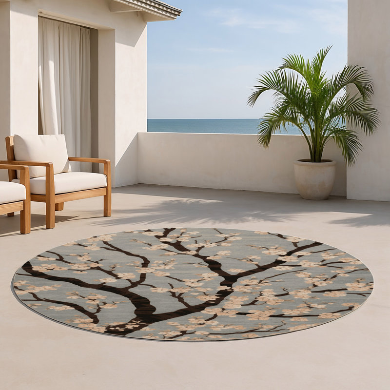 Tapis d'intérieur et d'extérieur gris Botanical, Rond 5 pi
