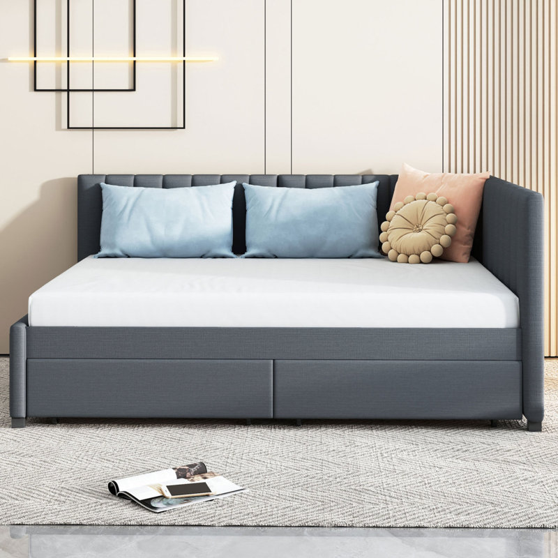 Upholstered Daybed Frame With 2 Storage Drawers Sofa Bed Frame No Box Spring Needed, Linen Fabric, Gray