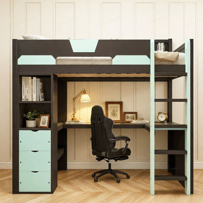 Lit mezzanine en bois pleine grandeur avec bureau en forme de U, lumières DEL RVB intelligentes et ports USB, canapé-lit multifonctionnel à 3 tiroirs et tablettes de rangement pour adolescents