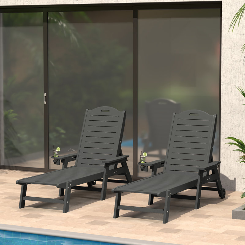 Brighton Outdoor Poly Reclining Chaise Lounge With Wheels & Cup Holder (Set Of 2), Gray, 2