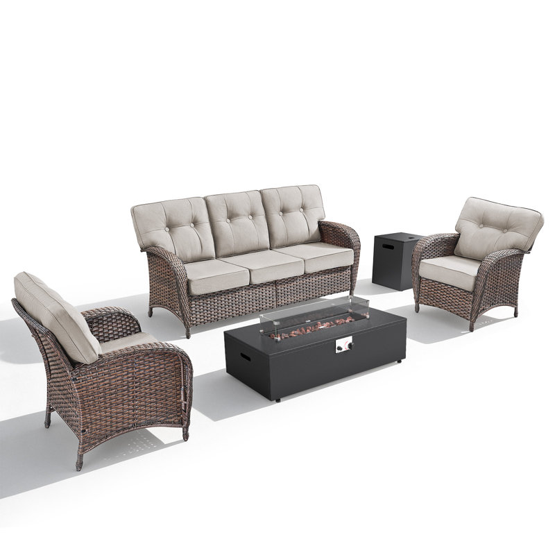 Ensemble de conversation extérieur en résine tressée 4 pièces avec chaises longues et table foyer divisée, Beige