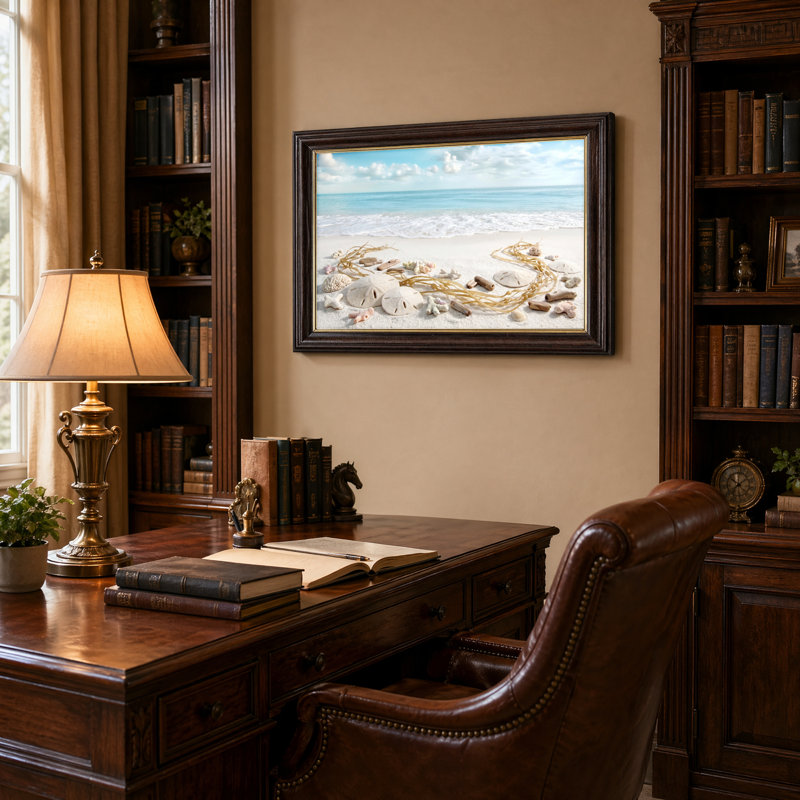 Art mural antique sur toile encadré doré pour le salon, la chambre à coucher, le bureau ou le vestibule - Décoration murale décorative avec scène de plage