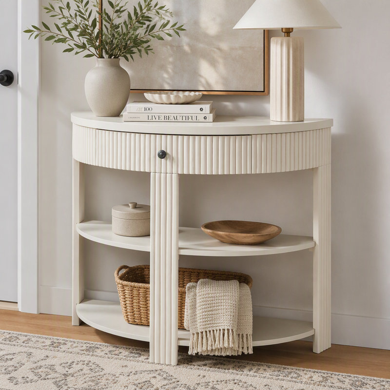 Console cannelée demi-lune avec tiroir et tablettes, Cream