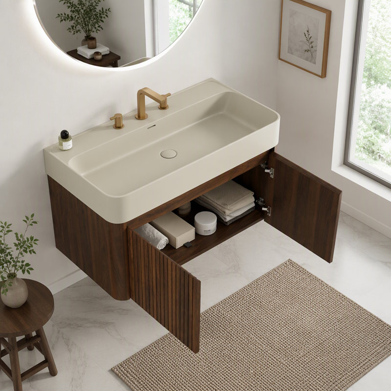 Meuble-lavabo suspendu avec lavabo intégré en surface solide et trois trous pré-percés pour robinetterie pour un rangement moderne
