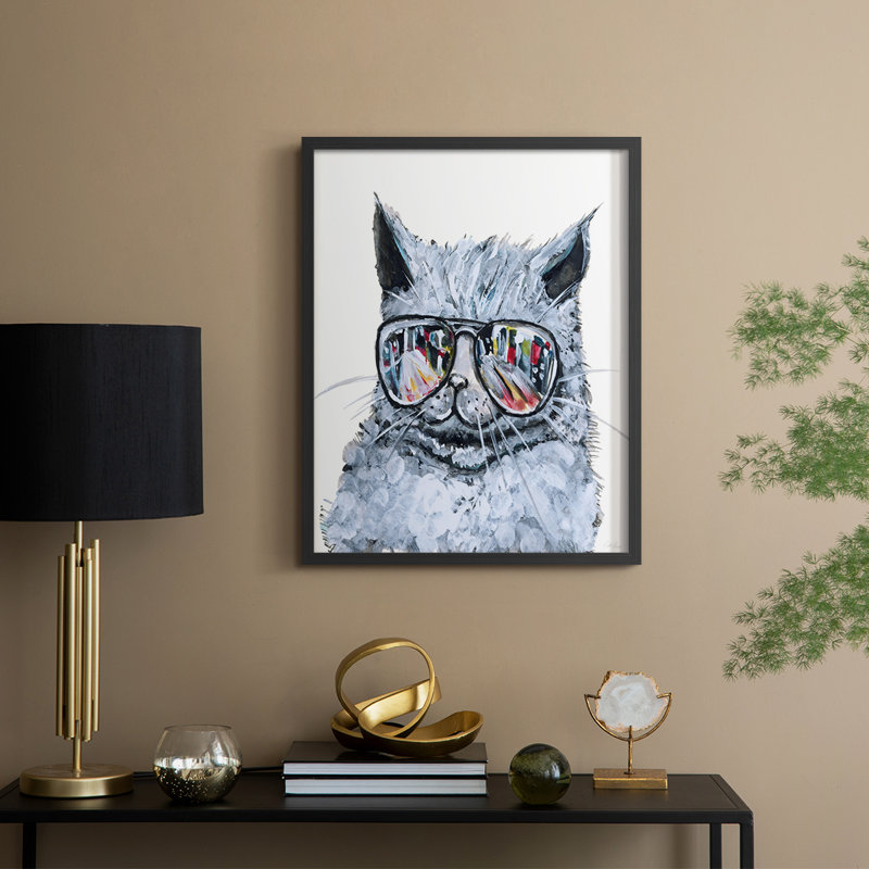 «Kitty with Shades», reproduction encadrée - bois massif, H 11 po x l 9 po, Noir, noir, noir, noir