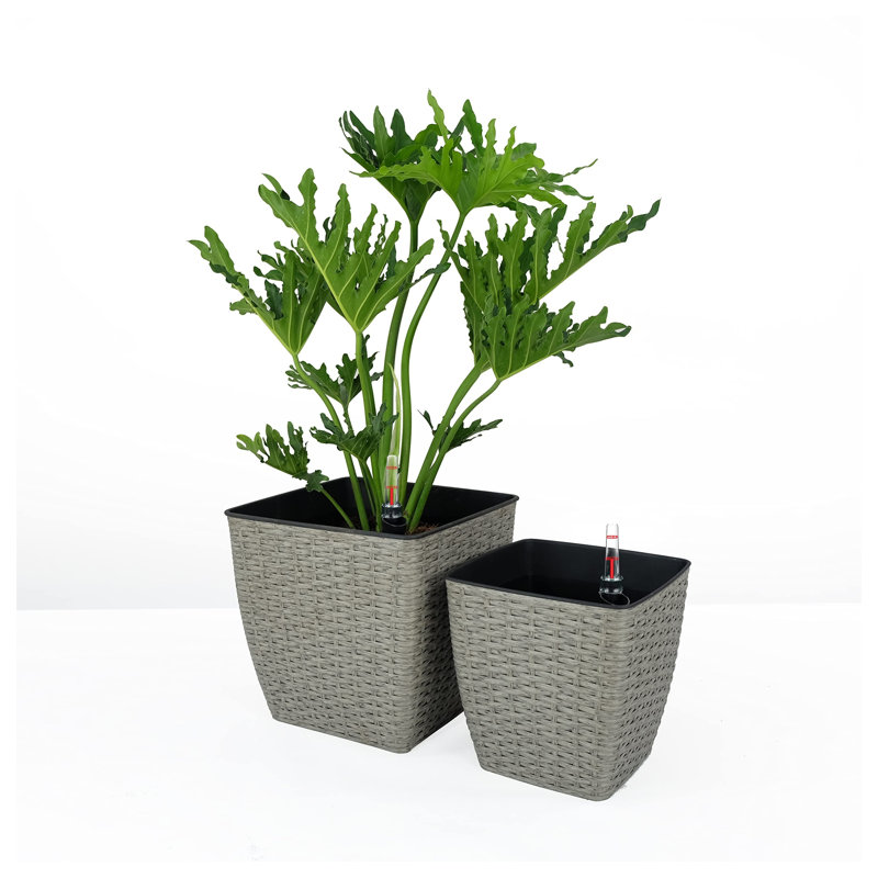 2-Pack Self-watering Planter - Hand Woven Wicker - Thin Square