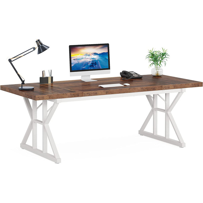 Metal Base Computer Desk, White, 75Cm H x 180Cm W x 80Cm D, Walnut