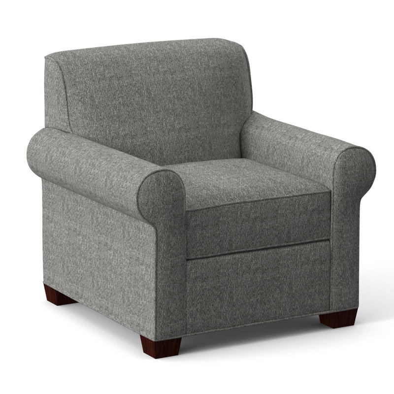 Finn Upholstered Armchair, Empire Mahogany, Connelly Dove
