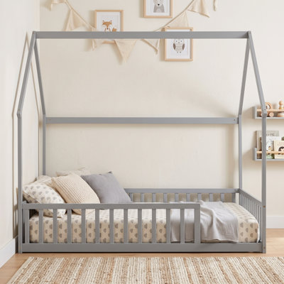 Solid Wood Canopy Bed Kids Bed House Style Floor Bed With With Guardrails