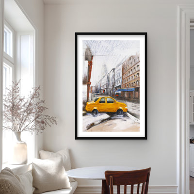 «Taxi in the Street S Croquis - Brown Scenic», reproduction d'art encadrée