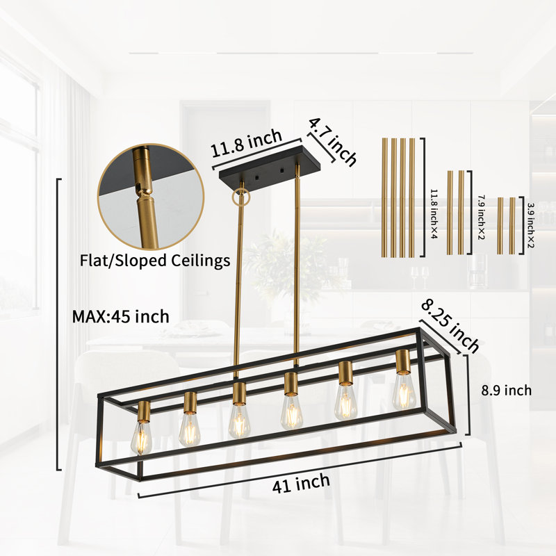 Luminaire suspendu linéaire 6 lumières Rast, Noir mat / laiton brossé
