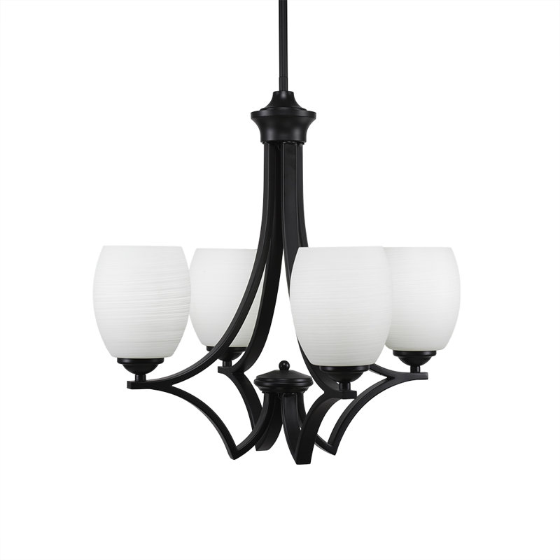 Zilo 4 Light Uplight Chandelier Shown In Matte Black Finish With 5" White Linen Glass, Neutral