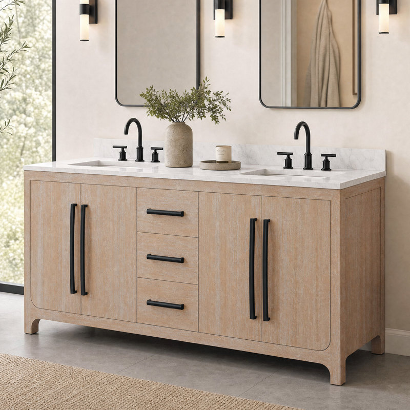 Meuble-lavabo double rectangulaire Perris de 183 cm (72 po) avec comptoir en marbre blanc de Carrare reconstitué couleur caramel latte et quincaillerie noire mate