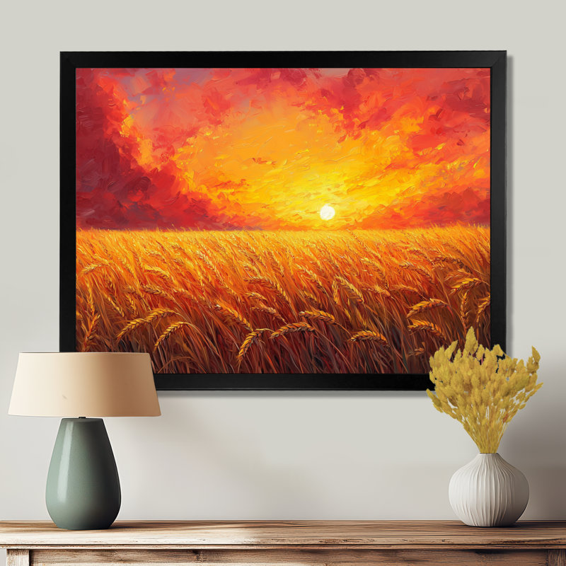 Coucher de soleil sur le champ de blé III - campagne grand art mural, Cadre simple, Noir, H 12 po x l 20 po