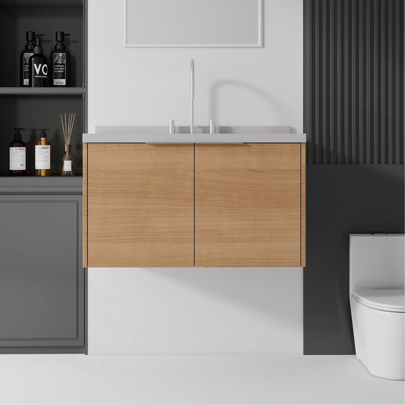Meuble-lavabo flottant 36 po avec lavabo, porte à fermeture douce, comptoir en granite blanc 0,6 po et dosseret, contreplaqué
