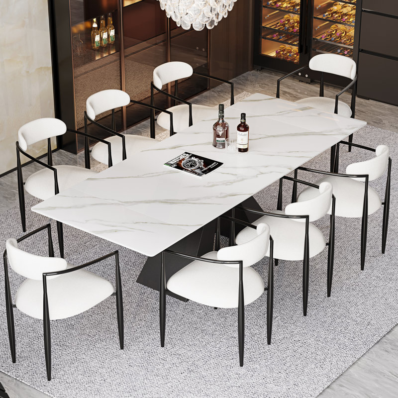 Chinguun 9 - Piece Dining Table Set With 94.5'' Extendable Sintered Stone Dining Table And 8 Fabric Chairs, White/Black