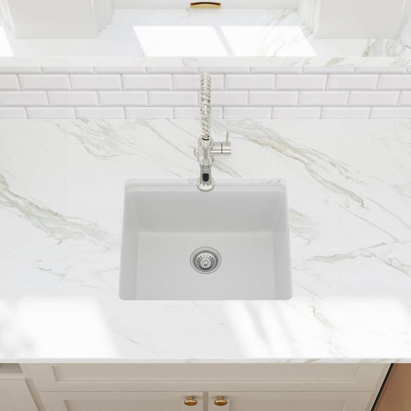 21'' L x 18'' W Quartz Undermount Workstation Kitchen Sink, White Granite Composite Single Bowl Kitchen Sink with Sink Grid, Strainer, Cutting Board and Roll-up Rack