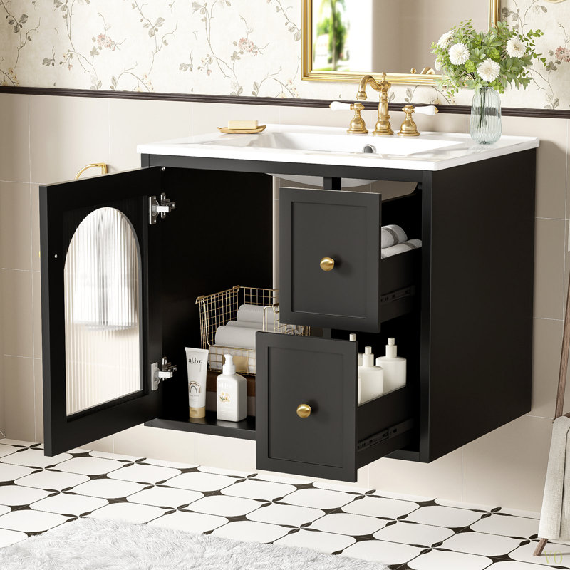 Ensemble de meuble-lavabo mural 24 po pour petit espace, armoire de salle de bain avec lavabo en céramique, 2 tiroirs et 1 porte à fermeture en douceur