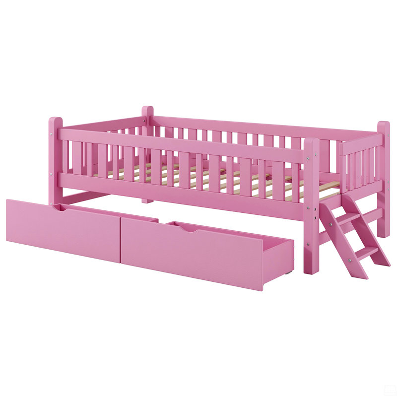 Wood Twin Size Platform Bed With Guardrail And 2 Drawers, Pink