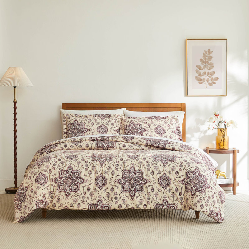 Ensemble de housse de couette Persia, Housse de couette pour grand lit et 2 taies décor,  Aubergine mauve