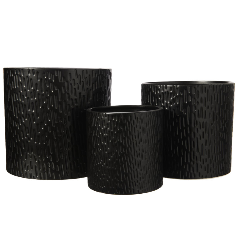 Ensemble de pots ronds en céramique avec motif à motif abstrait gravé blanc mat, Noir