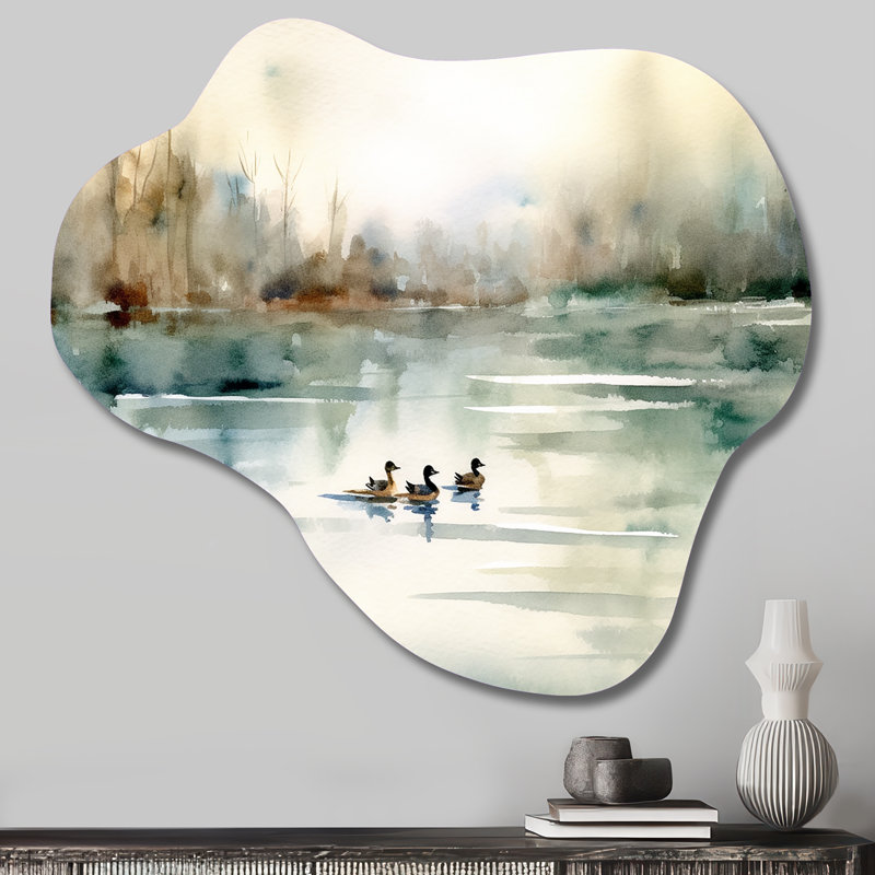 «Ducks in Pond I», art mural en métal asymétrique, impression de métal blanc nuage, H 25 po x l 28 po x P 1 po