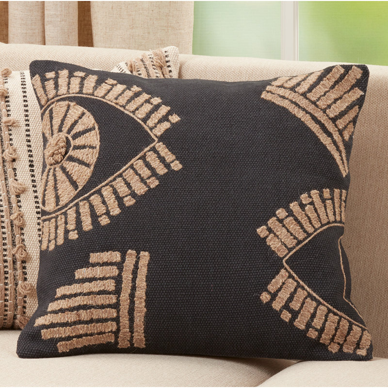 Medium Black Cotton Geometric Embroidered Throw Pillow