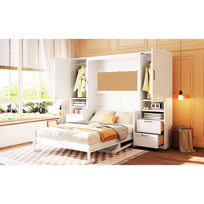 Lit double mural blanc avec tablette de rangement latérale et sous le lit rabattable pour tablettes à tiroirs intégrés Tidy Living