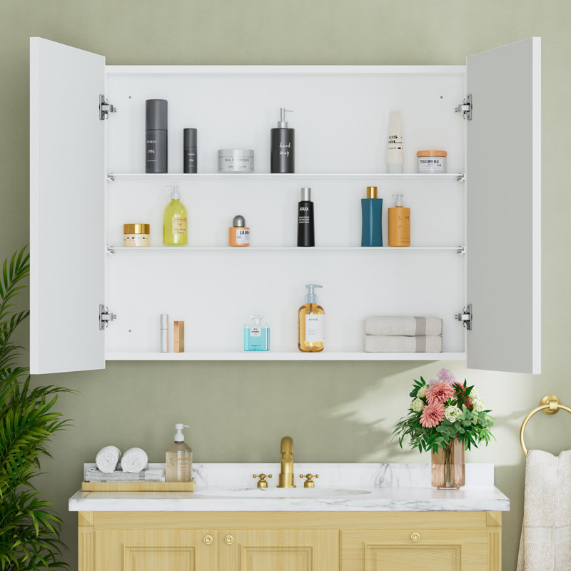 Armoire à pharmacie blanche avec miroir l 36 po x H 30 po, tablettes réglables en verre trempé, grand espace de rangement, encastré ou à fixation en surface