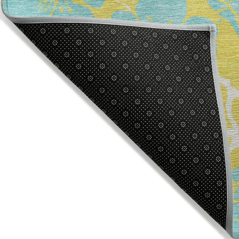 Tapis extérieur lavable floral jaune et turquoise 5 pi x 8 pi