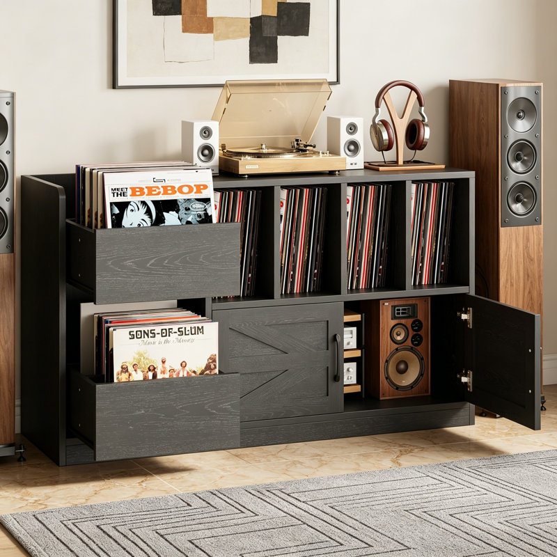 Large Record Player Stand Vinyl Record Storage Cabinet Holds 600 Albums, Mid Century Modern Turntable with Drawers for Living Room Music Room