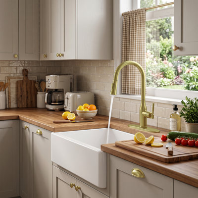 Pull-down kitchen faucet, gold finish, high-arc design with 360° rotation, dual-function spray head, and ceramic leak-proof cartridge.