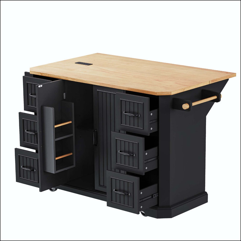 Îlot de cuisine 56 po avec bord biseauté, bande verticale et 6 tiroirs, Black