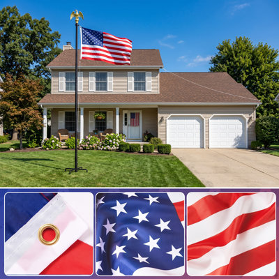 10 Ft Iron In‑Ground Flag Pole Kit with 5‑Prong Ground Stake Base, Outdoor Garden Decor Flagpole with Golden Eagle Topper for Yard Lawn, Sectional Assemble Design for Backyard Flag Display