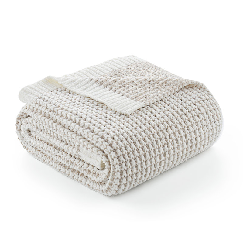 Reversible Chenille Knit Throw Blanket Soft Waffle Weave For Couch, Bed, And Living Room, Beige, 50" W x 60" L