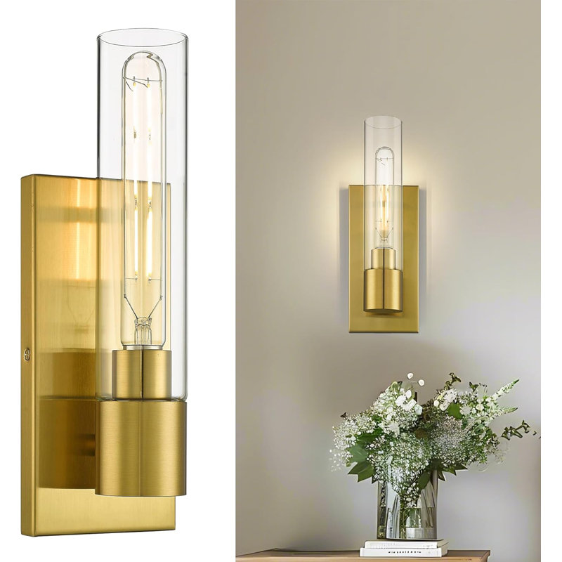 Modern 1-Light Bathroom Vanity Sconce With Clear Glass Shade, Brushed Gold Finish Wall Lighting For Bedroom, Kitchen, And Powder Room