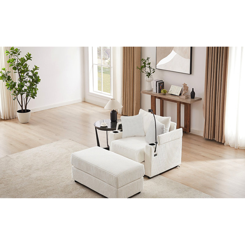 Beige avec rangement et éléments mobiles. 2 ports, porte-gobelets, porte-téléphone. Siège confortable, fabrication dissimulée. Velours côtelé relaxant