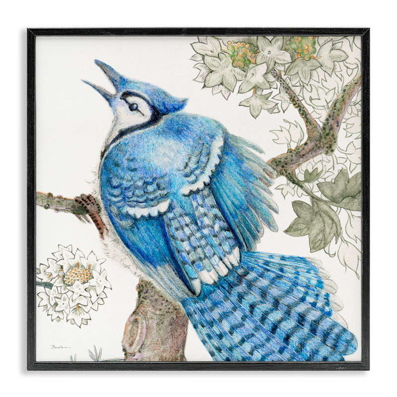 Rhododendron et geai bleu, estampe numérique encadrée par Evelia Designs, Giclée encadrée noir minuit, H 24 po x l 24 po
