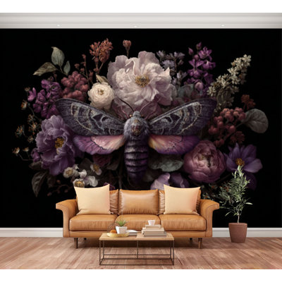 Papier peint adhésif repositionnable à motif floral et papillons de nuit, fleurs violettes, style gothique vintage sombre, art botanique, grand format, pour salon, chambre d'enfant, 254 cm (H) x 366 cm (L).