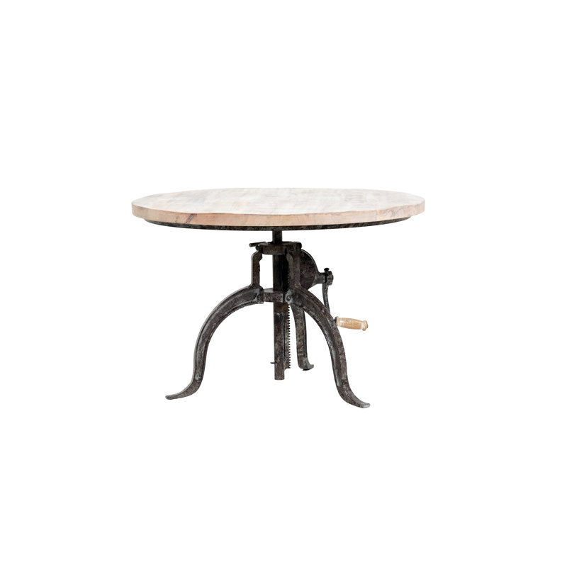 Table basse ronde rustique beige 28 "avec manivelle réglable Hi-Lo, Naturel, Âge du fer
