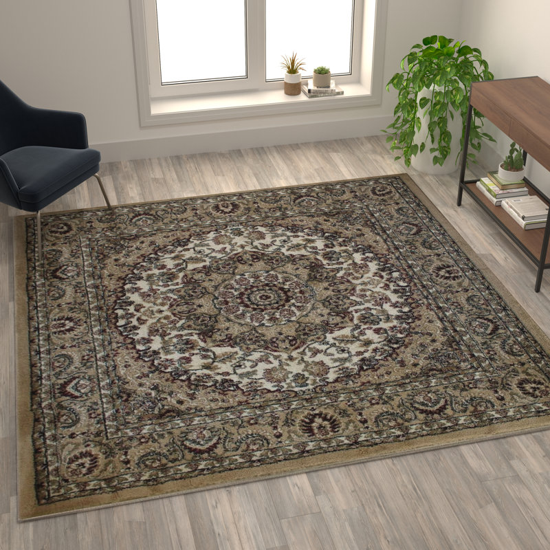 Damora Multipurpose Persian Style Olefin Medallion Motif Area Rug, Square 7'