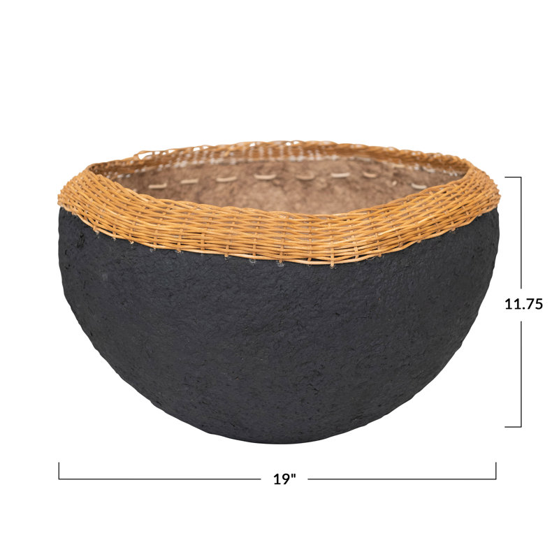 Bol décoratif en papier mâché fait à la main avec bord en osier, H 11,75 po x l 19 po x P 19 po, Naturel / Noir