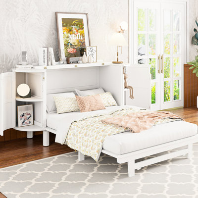 Full Bed In White With Hidden Storage & Contemporary Woven Design - Space For And Multipurpose Spaces Foldable Mattress Easy Assembly Chic Drawer Front Details Side Cabinets Extra Space To Scratches