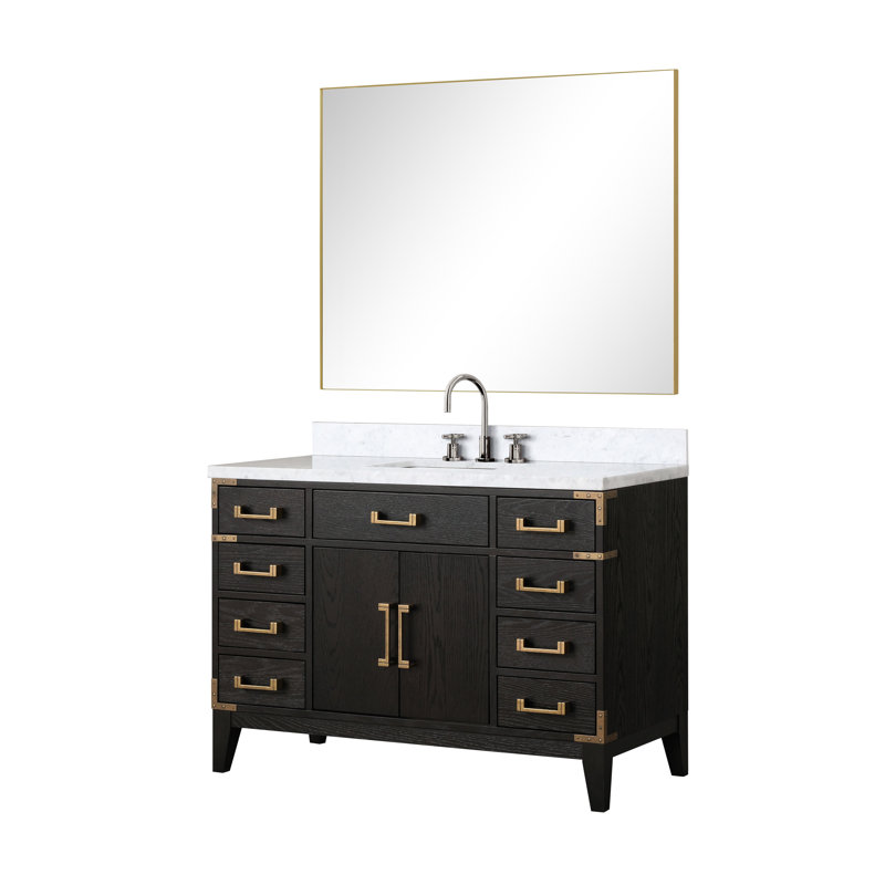 Laurel 48 in W x 22 in D Single Bath Vanity Mirror and Faucet Set, White Carrara Marble, Black Oak