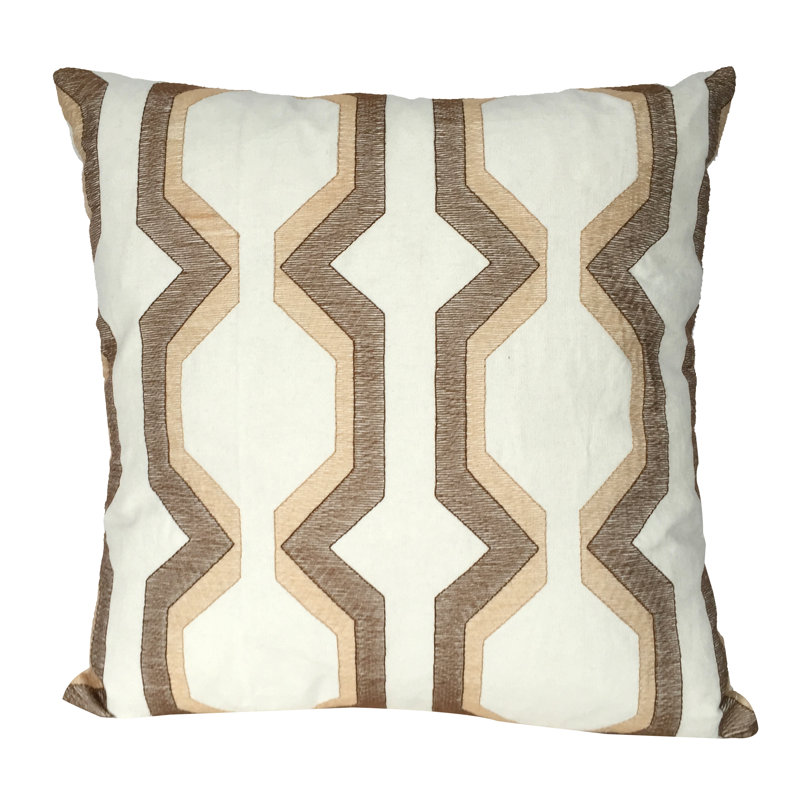 Beige and Brown Geometric Embroidered Cotton Square Pillow