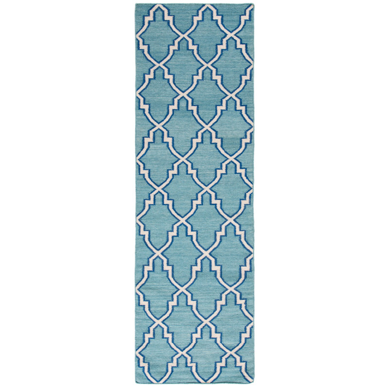 Rodgers Hand Woven Flat Weave Wool/Cotton Geometric Rug in Ivory/Light Blue, Runner 2'6" x 6'