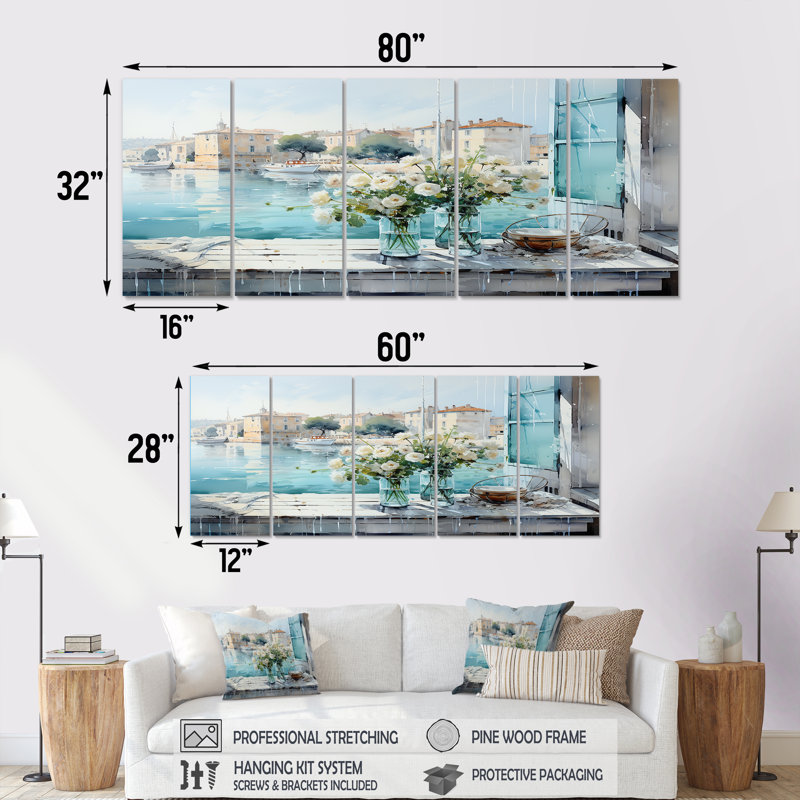 «Blue Window Beachfront View Blooms II - Coastal Windows», art mural sur toile 5 pièces, H 32 po x l 80 po